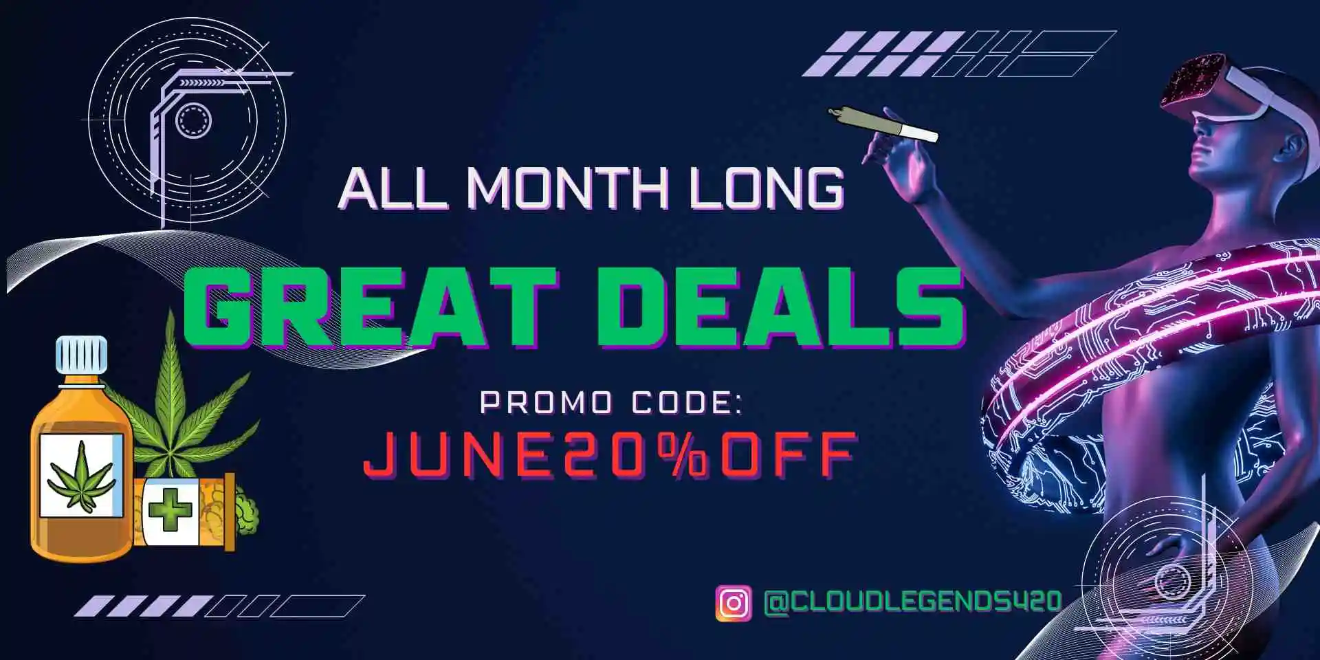 Futuristic Virtual Technology Sale Banner with Promo code from Cloud Legends 420