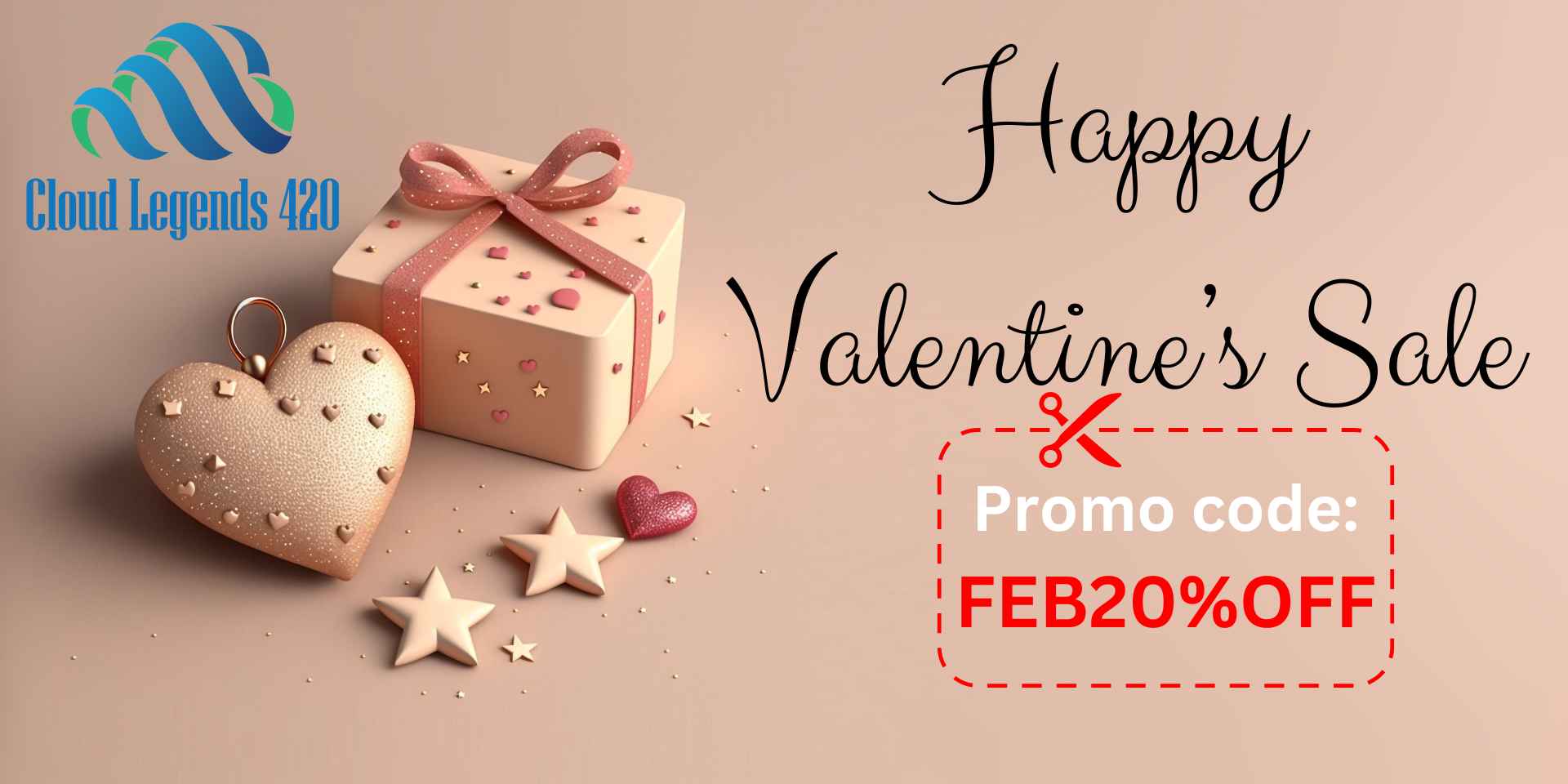 Happy Valentine's Banner with 20% off Promo code from Cloud Legends 420