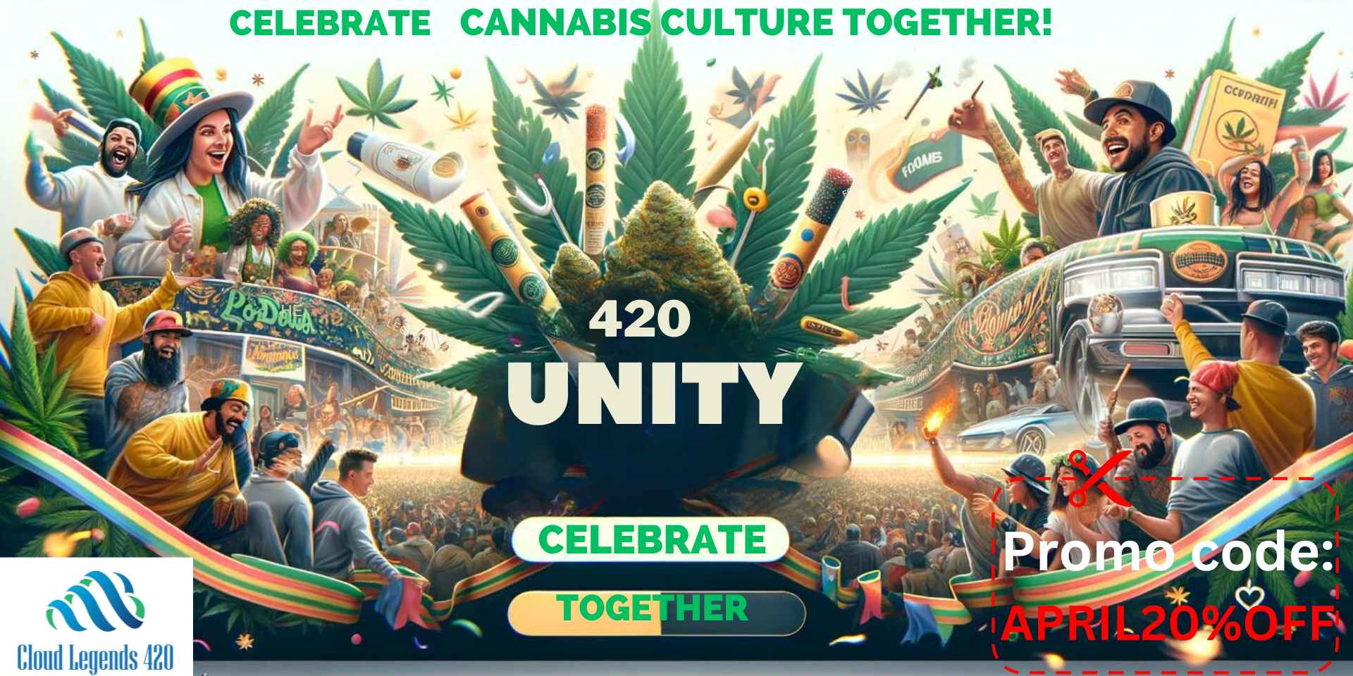420 celebration banner with 20% off promo code by Cloud Legends 420